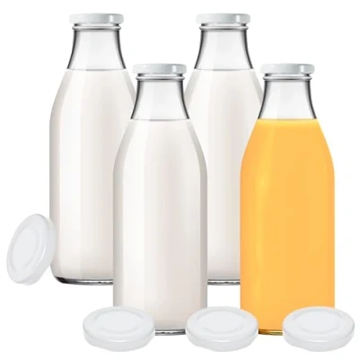 Immagine di 4 bottiglie di vetro da 1000 ml, con 8 coperchi, colore bianco, etichette incluse