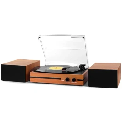 Immagine di Giradischi Bluetooth vintage con trasmissione a cinghia, altoparlanti stereo doppi Lettore LP Ingresso cuffie AUX, 3 velocità dimensioni, Arancione