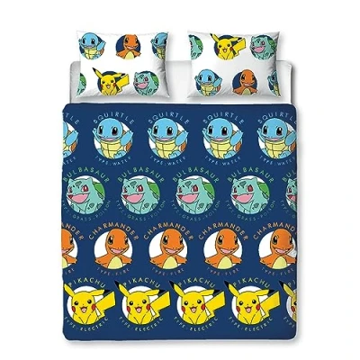 Immagine di Character World Set copripiumino matrimoniale ufficiale Pokemon Gotta Design blu reversibile Pikachu Squirtle Charmander 2 lati biancheria da letto prodotto con federe coordinate