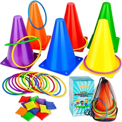 Immagine di Eocolz Set di giochi carnevale 3 in 1, coni plastica morbida per fagioli ad anello, bambini, feste compleanno, all&#039;aperto, forniture da 32 pezzi