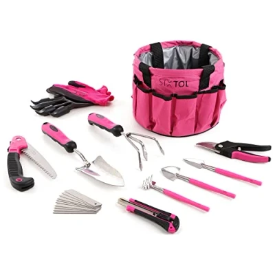 Immagine di SIXTOL Garden PINK Set di 10 attrezzi da giardino, pezzi, accessori giardino in acciaio inox, pratica borsa come regalo per donne, giardinieri e donne