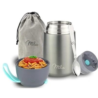 Immagine di Milu Thermo per Alimenti 300ml 440ml 450ml 650ml 800ml I Contenitore Termico di Acciaio Inossidabile, Isotermico Sottovuoto Cibi Caldi e Freddi (Grigio, 650ml)