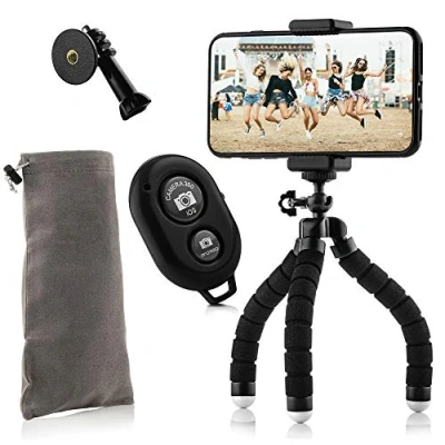Immagine di Treppiede da viaggio flessibile MOJOGEAR Mini Octopus con supporto per telefono Compatibile iPhone, telefoni Android e Go Pro telecomando otturatore Bluetooth, custodia