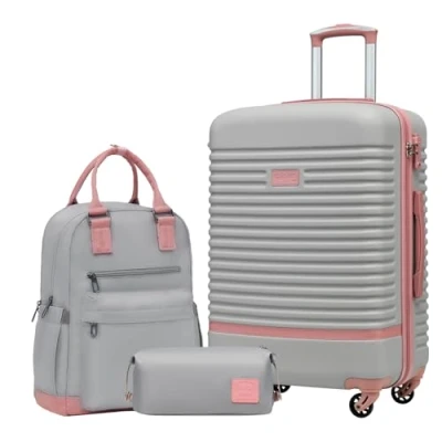 Immagine di COOLIFE Set Valigie,Set di Valigie,Trolley da viaggio con 4 Rotelle Girevoli a 360 TSA Serratura 1 zaino e Borsa toilette Incluso (Rosa/Grigio, valigie 3pzs (24&quot;))