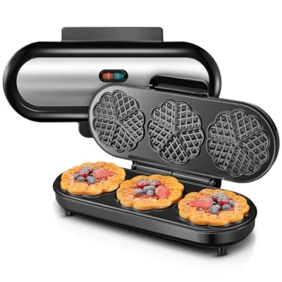 Immagine di Waffel Piastra waffle Cuore, 15 Classici a Forma di per 3 Alla Volta, Rivestimento Antiaderente, Spie Luminose, Macchina 1200W, Acciaio Inox/Nero