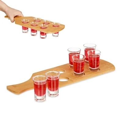 Immagine di Relaxdays 6 Bicchieri da Shot con Supporto, Bicchierini in Vetro 4 cl, Vassoio bambù, Idea Regalo, Marrone Chiaro, 60% 40%, 7 x 40 14 cm