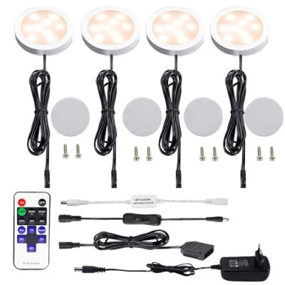 Immagine di AIBOO LED Luce Sottopensile Cucina Dimmerabile con Telecomando RF Wireless, Illuminazione A da Incasso per Armadio, EUR Spina, 4 Luci Display, 12V 8W Under Vetrine(Bianca Calda 2700K)