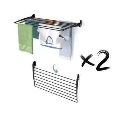 Immagine di foxydry Fold, Stendibiancheria da parete, Stendino Verticale, Pieghevole Interno e Esterno in Alluminio Acciaio 102x50x50 cm (Nero Chiusura Verso il basso, 2x Fold 100)