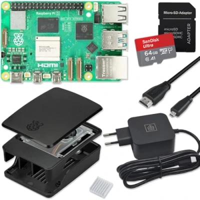 Immagine di Raspberry Pi 5 8 GB Starter Kit nero Alimentatore USB C 45 W Alloggiamento con ventola Scheda SD da 64 Cavo Micro HDMI 4K RAM