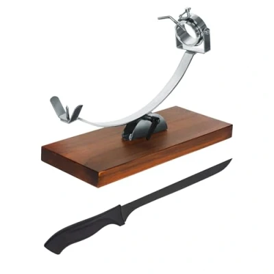 Immagine di NERTHUS Testina e Base Regolabile + Coltello Porta prosciutto, Legno Acciaio Inossidabile, Marrone