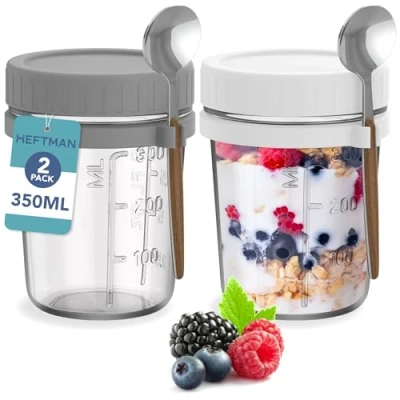 Immagine di HEFTMAN barattoli di avena in vetro con coperchi, confezione da 2 per 350 ml cucchiai, ermetici alimenti coperchio, yogurt, budino chia, ml, riutilizzabili (2