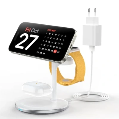 Immagine di stazione di ricarica induttiva 3 in 1 per più dispositivi, rapida Mag Safe iPhone 15 14 13, iWatch Ultra2/1/Series 9/8,bianco