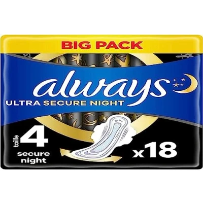 Immagine di Always Ultra Asciugamani Igienici, Taglia 4, Secure Night, 18 Con Alette, Flusso Abbondante Notte, Max Comfort, Super Assorbenti e Sottile