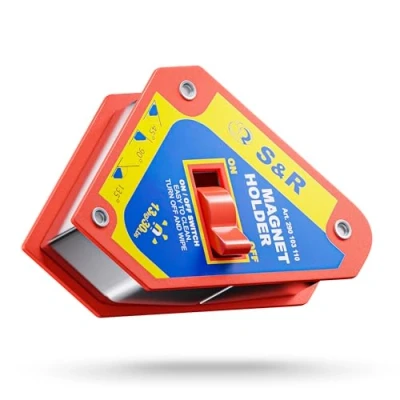 Immagine di S&amp;R Magnete per Saldatura a Squadra con interruttore ON OFF Posizionatore magnetico 11 cm x 9,5 2,5 cm. Calamita Potente Rossa e Gialla.