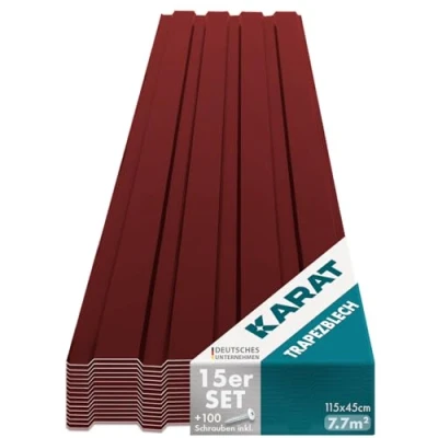 Immagine di KARAT 15 pezzi di lamiera trapezoidale 115 x 45 cm Set fogli profilati con viti 7,7 m² da parete Spessore 0,25 mm Piastre per tetto in d&#039;acciaio (rosso)