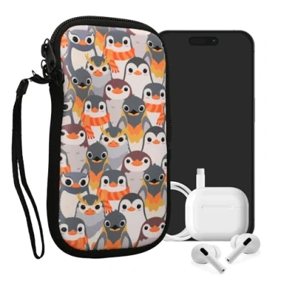 Immagine di kwmobile Custodia in Neoprene con Zip per Smartphone M 5,5&quot; Astuccio portacellulare a Sacchetto Cerniera Borsa Verticale Pinguini Grigio/Giallo/Marrone