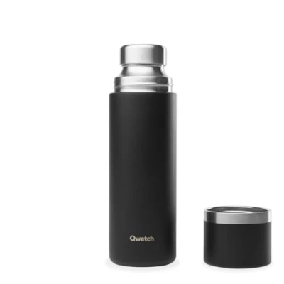 Immagine di Qwetch Termo termico nero 750 ml Thermos con bicchiere in acciaio riciclato 24 ore freddo e 12 caldo impermeabile, senza BPA ideale per caffè tè