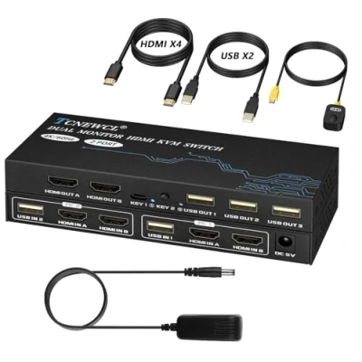 Immagine di HDMI KVM Switch Dual Monitor 4K@60Hz, Commutatore 2 porte, per PC Monitor, Tastiera Mouse Switcher, USB 2.0, HDCP 2.2, con telecomando cablato