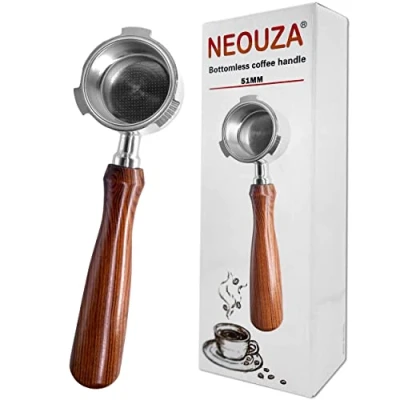 Immagine di NEOUZA Espresso Portafiltro Senza Fondo 51mm Compatibile con DeLonghi Dedica EC680/EC685/EC785/EC820/EC850/EC860 Smeg Macchina da Caffè, Acciaio Inossidabile, Palissandro Premium