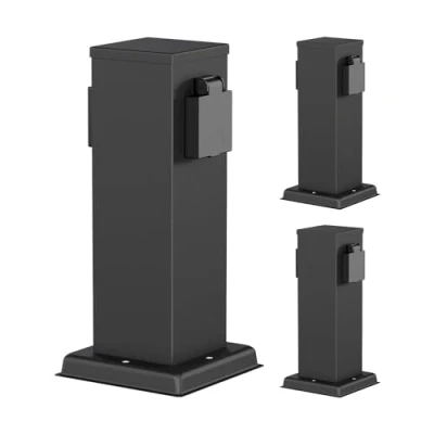Immagine di ledscom.de 3 prese da giardino a colonna POLLY per esterni, IP44, 2 vie, acciaio inox, nero, angolare, 27 cm