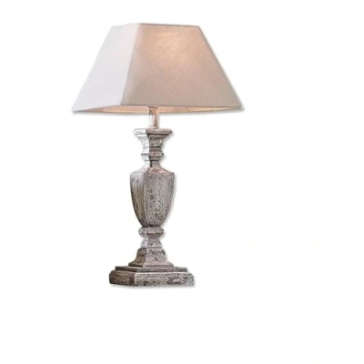 Immagine di LOBERON® Lampada da tavolo Gorham con base in legno lavorata a mano Paralume di forma angolare Legno, cotone e lino Altezza 58,5 cm, bianco/grigio antico