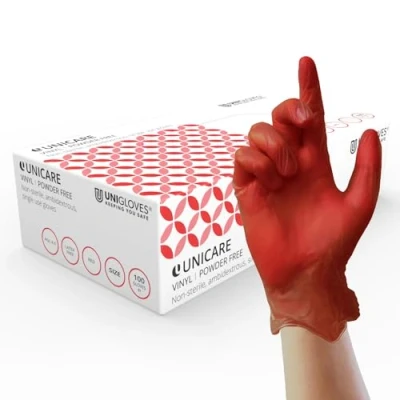 Immagine di UNIGLOVES Unicare Guanti Monouso in Vinile da esame Multiuso, Senza Polvere e Lattice confezione 100 Guanti, Rosso, extra Large (GS0115)
