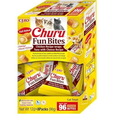 Immagine di INABA Churu Fun Bites Snack per Gatti, Bocconcini di Pollo con Tonno e Formaggio 8 Pack x 12gr Morbido Cremoso Cibo Gatti Senza Conservanti o Coloranti Artificiali, Grain Free