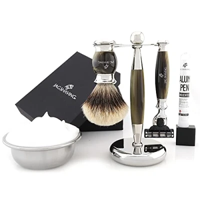 Immagine di Jag Shaving Set da barba 3 pezzi JAG&#039;s LEE Range Pennello con setole argentate lamette per rasatura supporto rasoio imitazione corno verde