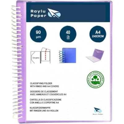 Immagine di Raylu Paper® Cartella classificatrice con anelli buste trasparenti A4 da 90 micron e busta chiusura, coperchio personalizzabile.