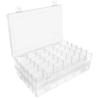 Immagine di BELLE VOUS Confezione da 2 Scatola Porta Oggetti in Plastica Trasparente 27,3 x 17,6 4,3 cm 36 Scomparti con Griglia Divisoria Rimovibili/Regolabili Scatole Minuteria Gioielli, Perline