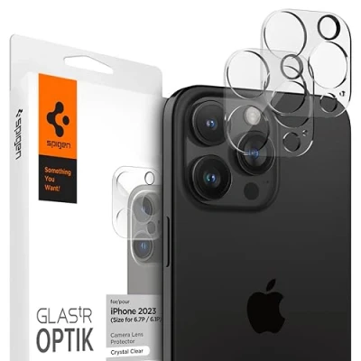 Immagine di Spigen Glas.tR Optik Protezione Fotocamera compatibile con iPhone 16 Pro/Pro Max, 15 14 2 Pezzi, Cristallino, Resistente ai Graffi, Durezza 9H Pellicola
