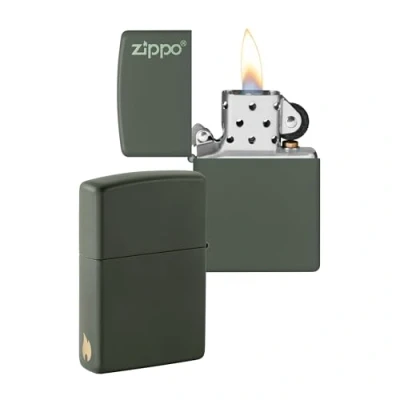 Immagine di Zippo Accendino antivento con logo e fiamma, finitura verde opaca, ricaricabile, fiamma regolabile, confezione regalo, struttura in metallo, prodotto negli Stati Uniti