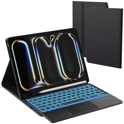 Immagine di ROOFEI Custodia per tastiera iPad Pro da 11 pollici (M4) 2024, 7 colori di illuminazione touchpad con portapenne, retroilluminata QWERTZ layout tedesco nero