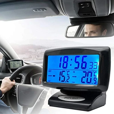 Immagine di Sunwan Orologio digitale per auto con display LCD, 2 in 1, termometro interni ed esterni, funzione di retroilluminazione