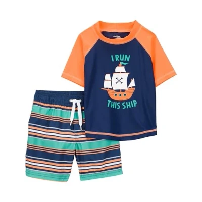 Immagine di Simple Joys by Carter&#039;s Swimsuit Trunk And Rashguard Set Guardia dell&#039;eruzione, Bianco Righe/Blu Marino Arancione Navi, 2 Anni Bimbo