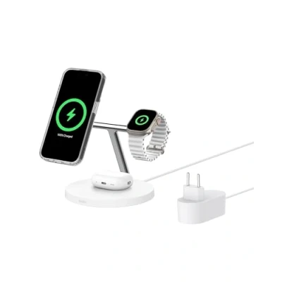 Immagine di Belkin BoostCharge caricatore 3 in 1 con Qi2, base di ricarica wireless compatibile MagSafe, iPhone 16 series, Apple Watch e AirPods, antiscivolo, alimentatore incluso, bianco