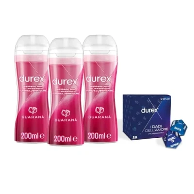 Immagine di Durex Massage 2 in 1 con Guaranà 200 ml x2, Gel Lubrificante Intimo a Base Acqua e per Massaggi, 400 (Pack of 3) + dadi dell&#039;amore 2024