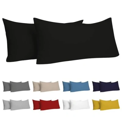 Immagine di Dreamzie Federa Cuscino (Set di 2) Nero Cotone per i Cuscini 40 x 80 cm 100% Jersey da Copri Letto Fodera Protezione