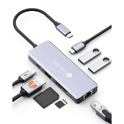Immagine di NOVOO Hub USB C A Ethernet, 8 in 1 Adattatore HDMI 4K, 100W PD, 3.0, SD/TF Multiport Dock per MacBook Pro Air M2 M1 Surface iPad Galaxy HP