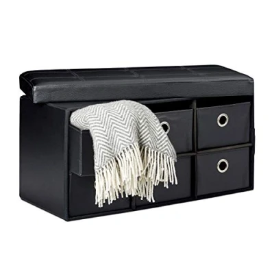 Immagine di Relaxdays Cassapanca Contenitore, con 6 Pouf in Similpelle, HxLxP 36 x 76 38 cm, Panca Coperchio, Nero, Finta Pelle, Set da 1 pz