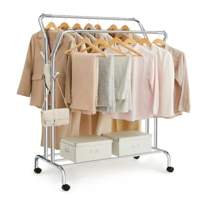 Immagine di SONGMICS Stand Appendiabiti Doppio, Attaccapanni con Ruote, Struttura in Acciaio, Portata Fino a 100 kg, Larghezza di 103,5 cm, Multifunzione, Color Argento HSR107E01