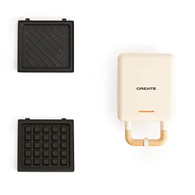 Immagine di CREATE/STONE 2 IN 1 STUDIO/Sandwichera grill e cialde di piastre intercambiabili Bianco osso / 600 W, libero BPA, Tostata, apertura 105