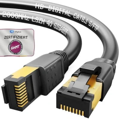Immagine di HB Digital 1m Cavo di rete CAT 8.1 S/FTP LSZH Nero 40 Gbps patch LAN Gigabit RJ45 maschio Ethernet PIMF 2000 MHz Compatibile con Cat.6 Cat.7 Cat.8
