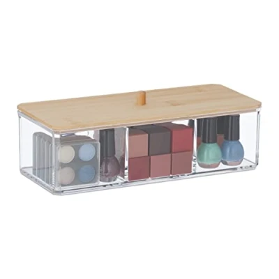 Immagine di Relaxdays Organizer Trucchi, 3 Scomparti Make Up, bambù e Plastica, 7,5x23x9,5 cm Portatrucchi, Trasparente Naturale