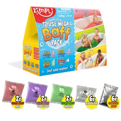 Immagine di 12 Usi Mega Value Baff Confezione di Zimpli Kids, 4 x Gelli Baff, 2 Slime &amp; 6 Crackle Gioco Sensoriale per Bambini da Bagno, Regali Compleanno e Bambine