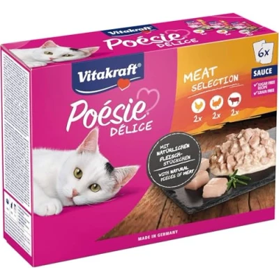 Immagine di VITAKRAFT Cibo gatto &quot;Poesia&quot; umido completo per gatti A base di carne in salsa (pollo, Tacchino, manzo) 6 bustine da 85 g, 510 g (confezione 1)