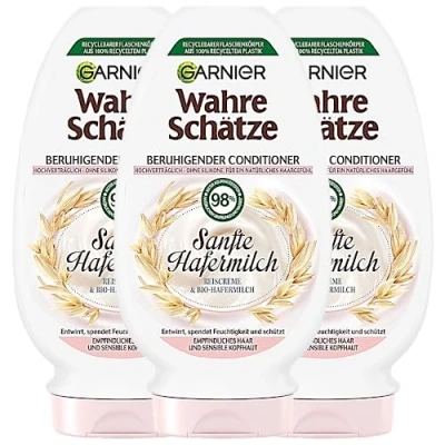 Immagine di Garnier I veri tesori Balsamo lenitivo Latte d&#039;avena delicato, svela e idrata, per capelli sensibili cuoio capelluto, 3 x 200 ml