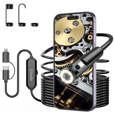 Immagine di Ferdiiz Endoscopio per Smartphone, 1920P HD Telecamera Endoscopica a Doppia Lente con 8+1 LED, Sonda Impermeabile IP67, Ispezione Tubi Android e iOS senza WiFi 16,4 ft/5 m