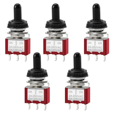 Immagine di Heschen MTS 123 Mini interruttore a levetta momentaneo (ON) OFF SPDT, 3 pin, 2A 250V, 5A 120V, con copertura impermeabile, confezione da 5