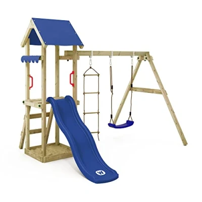 Immagine di gioco da giardino WICKEY TinyCabin con altalena e scivolo blu, struttura esterno per bambini sabbiera, scaletta accessori